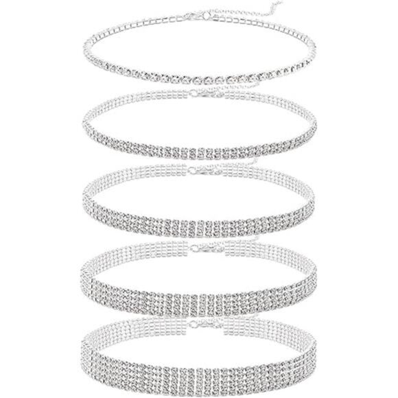 5 Pieces Rhinestone Choker Necklaces for Women Silver Gold Plated Tennis - Picture 8 of 8